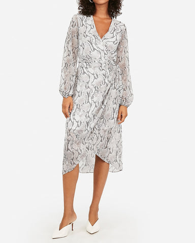 Side Tie Midi Wrap Dress in Gray Print ...